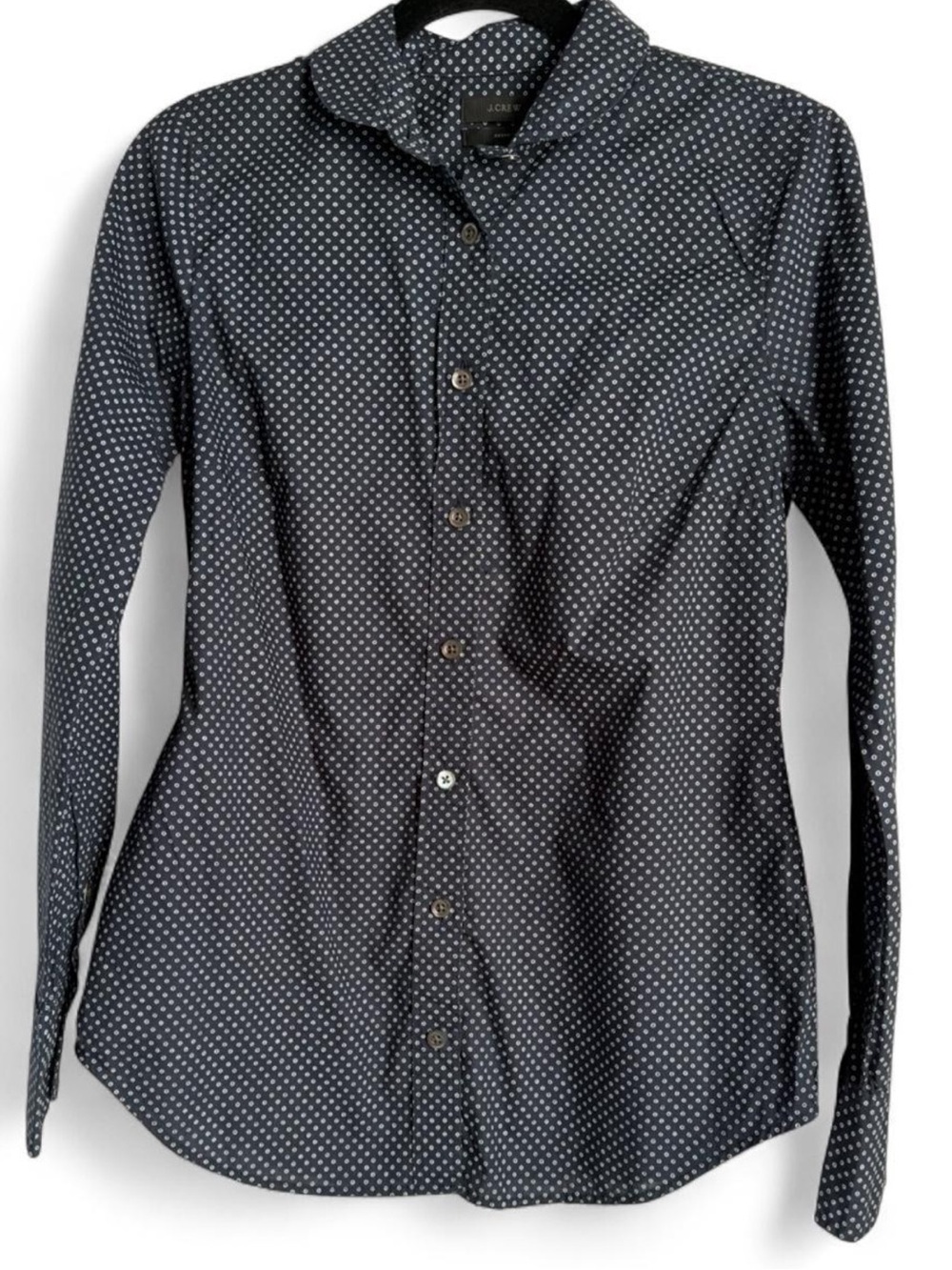 J. Crew Navy Button-Down with White Micro Dot Pattern